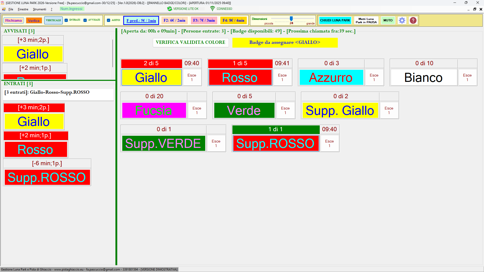Gestione Luna Park e Pista di Ghiaccio: pannello colori